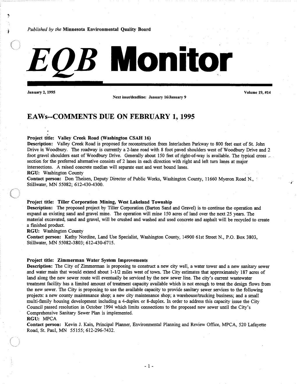 Eaws--Comments Due on February 1,1995