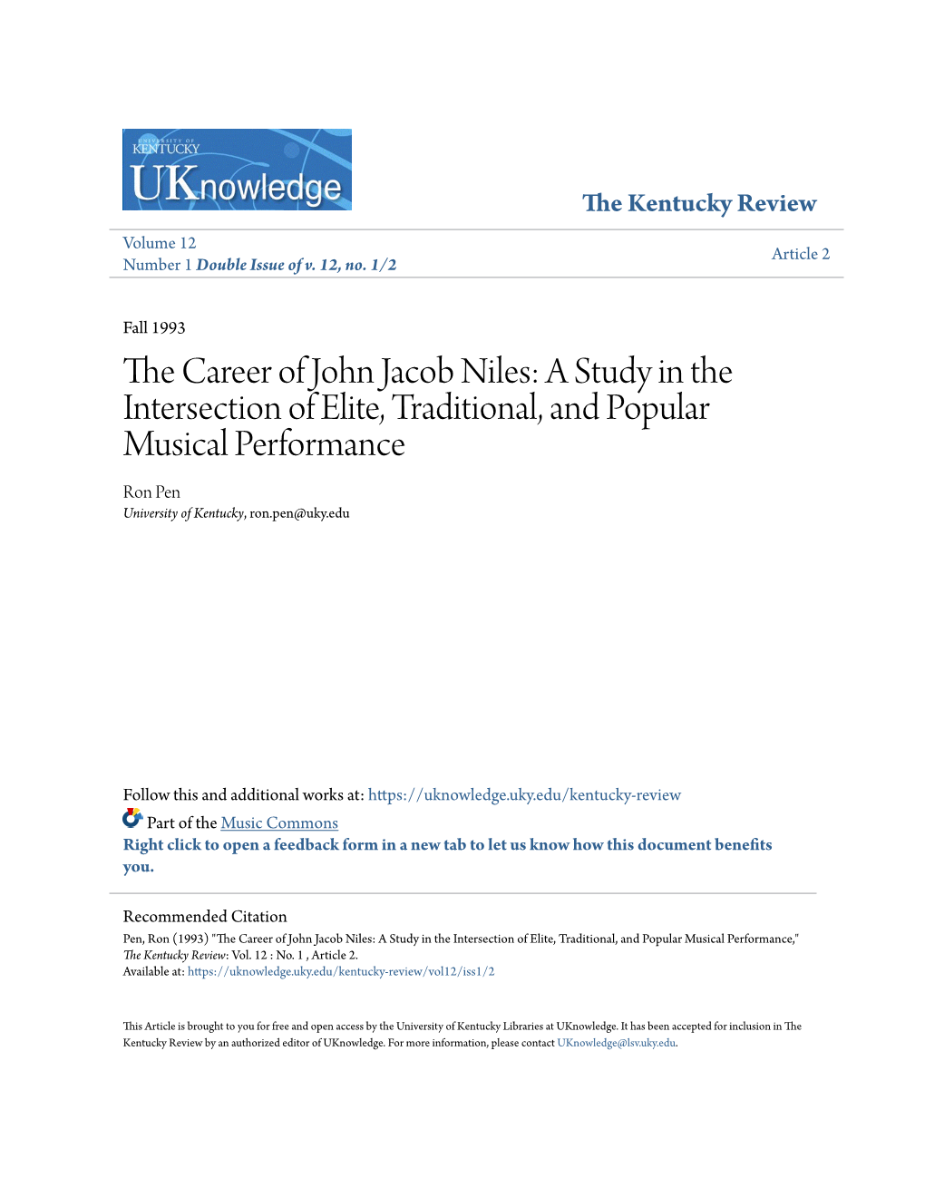 The Career of John Jacob Niles: a Study in the Intersection of Elite, Traditional, and Popular Musical Performance