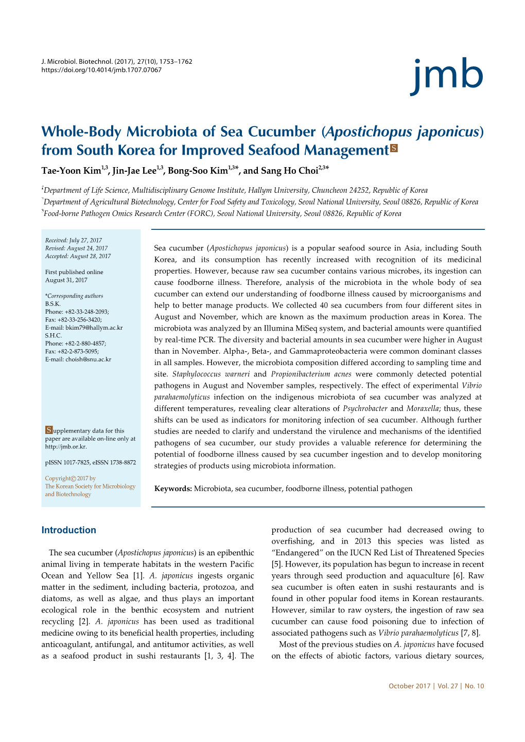 Whole-Body Microbiota of Sea Cucumber