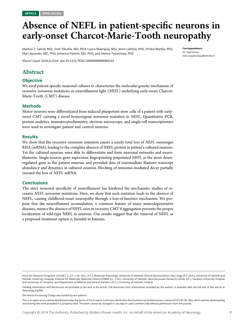 Absence of NEFL in Patient-Specific Neurons in Early-Onset Charcot-Marie-Tooth Neuropathy Markus T