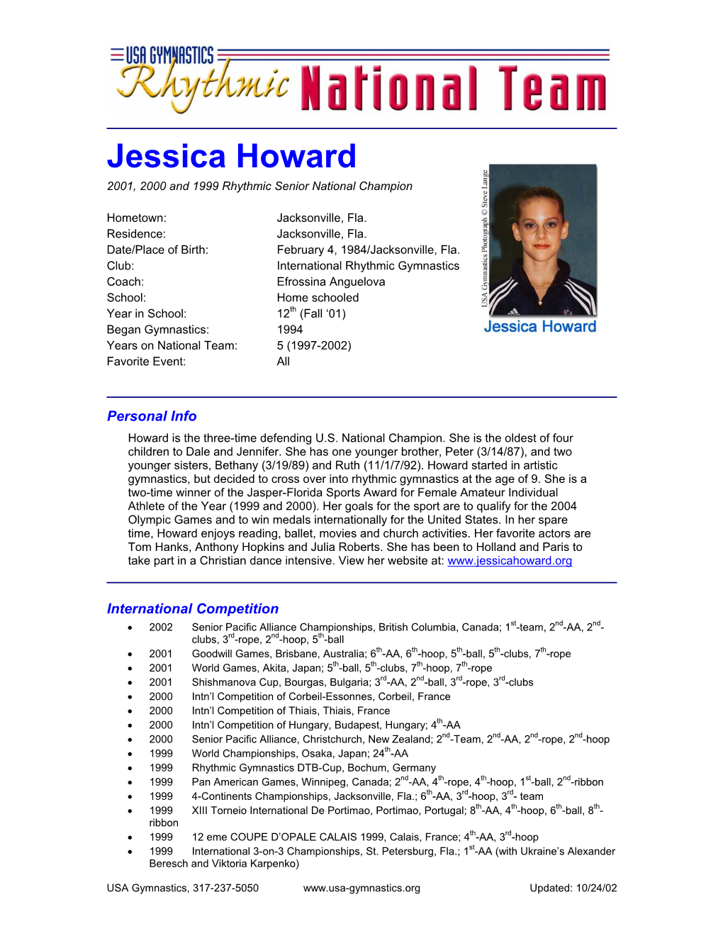 Jessica Howard 2001, 2000 and 1999 Rhythmic Senior National Champion