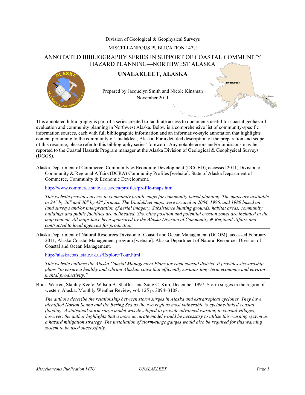 Annotated Bibliography Series in Support of Coastal Community Hazard Planning—Northwest Alaska Unalakleet, Alaska