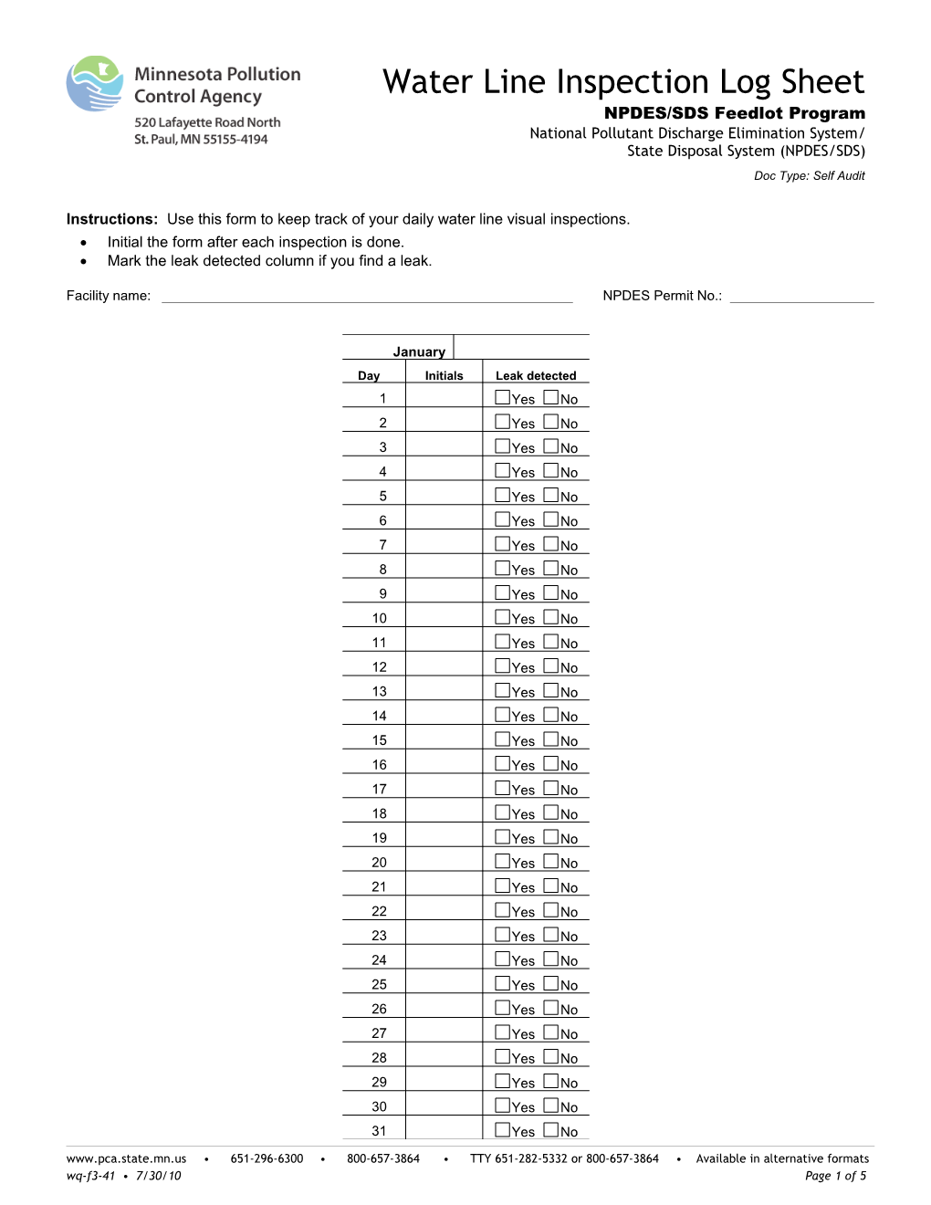 Water Line Inspection Log Sheet - Form