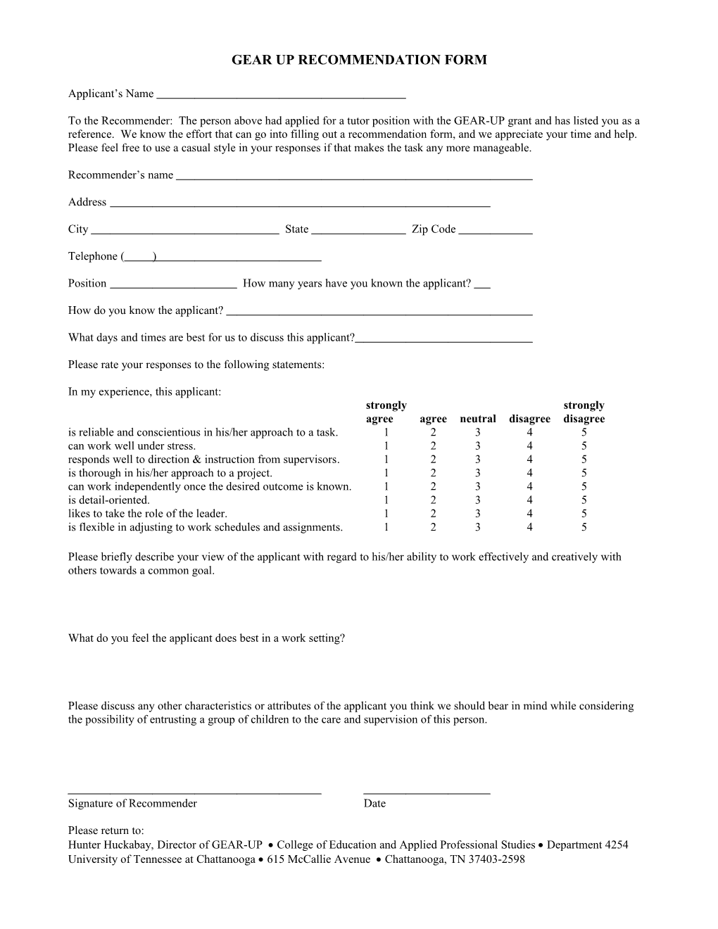 Gear up Recommendation Form