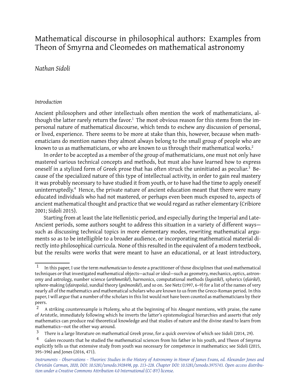 Mathematical Discourse in Philosophical Authors: Examples from Theon of Smyrna and Cleomedes on Mathematical Astronomy