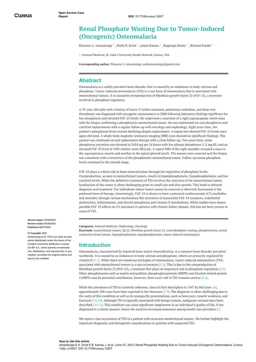 Renal Phosphate Wasting Due to Tumor-Induced (Oncogenic) Osteomalacia