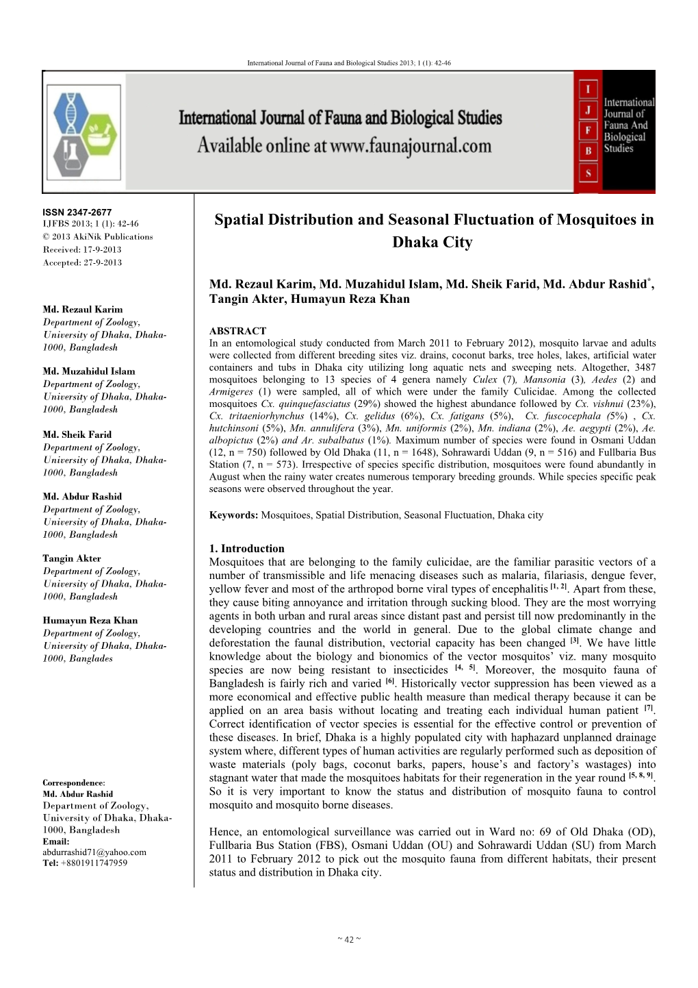 Spatial Distribution and Seasonal Fluctuation of Mosquitoes in Dhaka