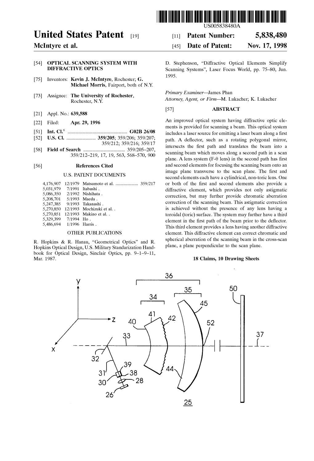 United States Patent (19) 11 Patent Number: 5,838,480 Mcintyre Et Al