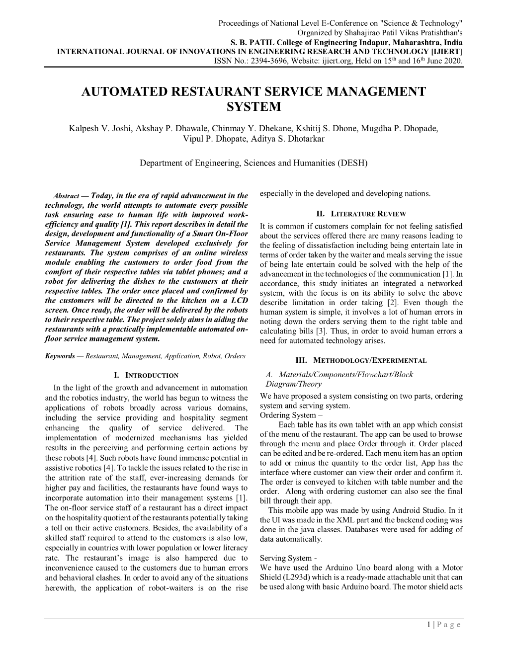 Automated Restaurant Service Management System