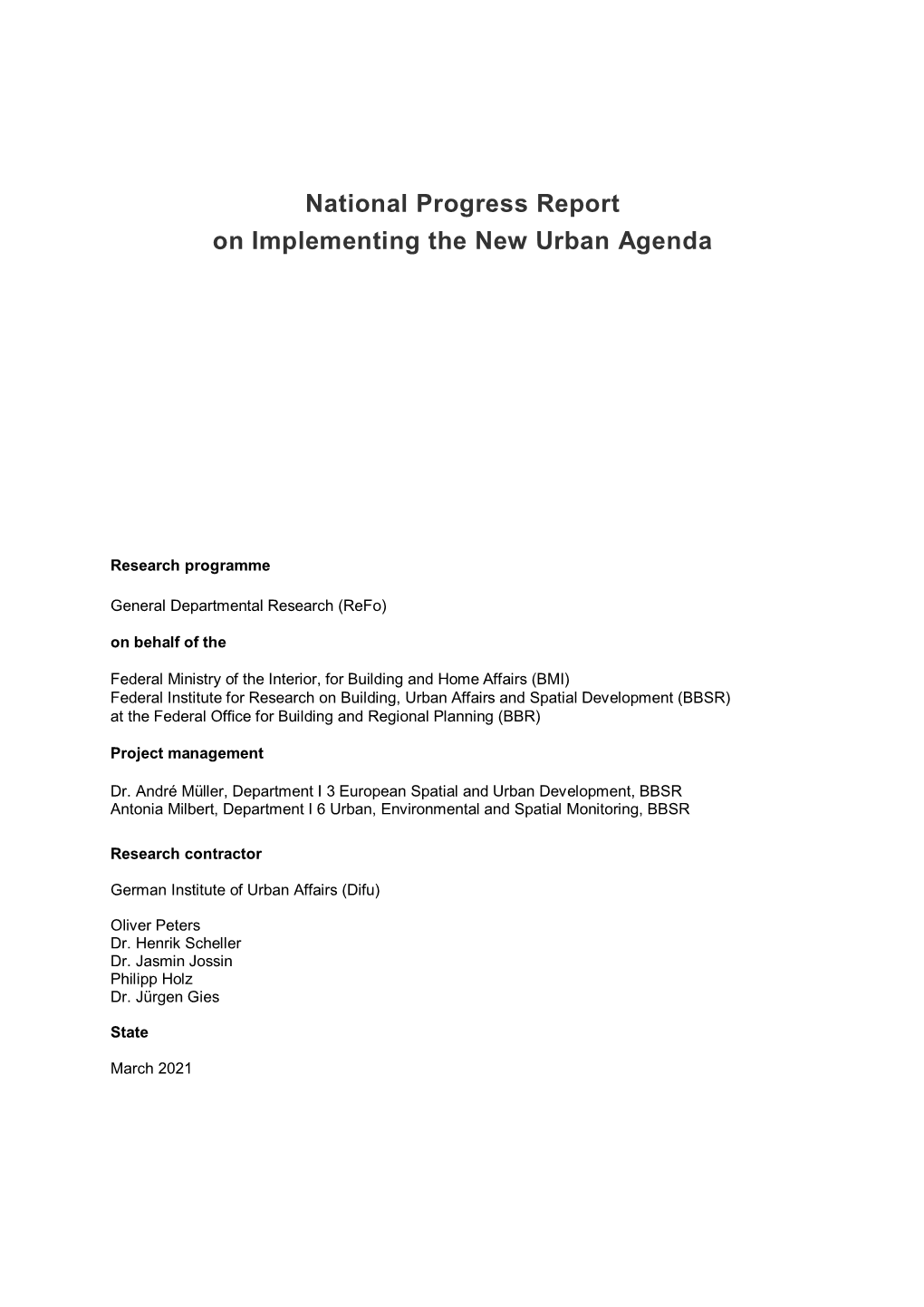 National Progress Report on Implementing the New Urban Agenda