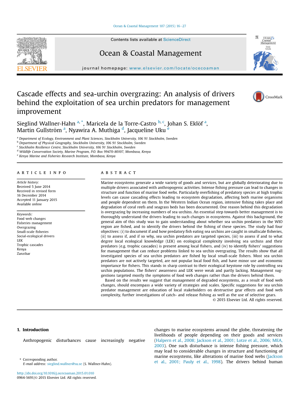 Cascade Effects and Sea-Urchin Overgrazing: an Analysis of Drivers Behind the Exploitation of Sea Urchin Predators for Management Improvement