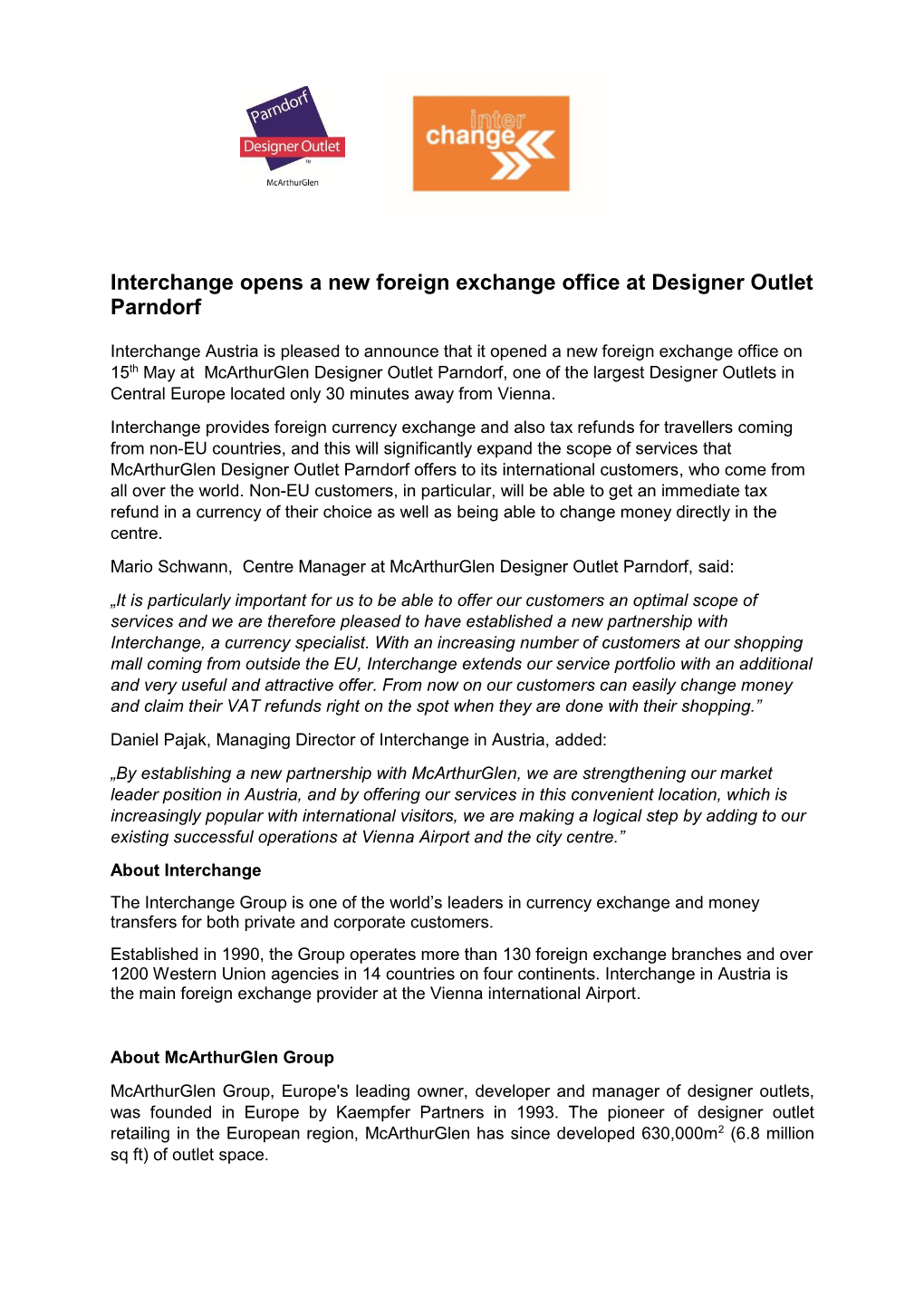 Interchange Opens a New Foreign Exchange Office at Designer Outlet Parndorf