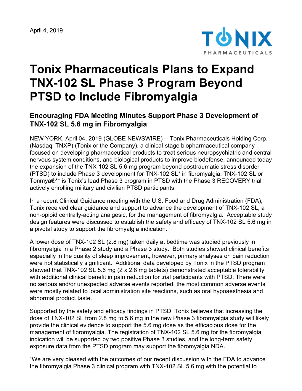 Tonix Pharmaceuticals Plans to Expand TNX-102 SL Phase 3 Program Beyond PTSD to Include Fibromyalgia