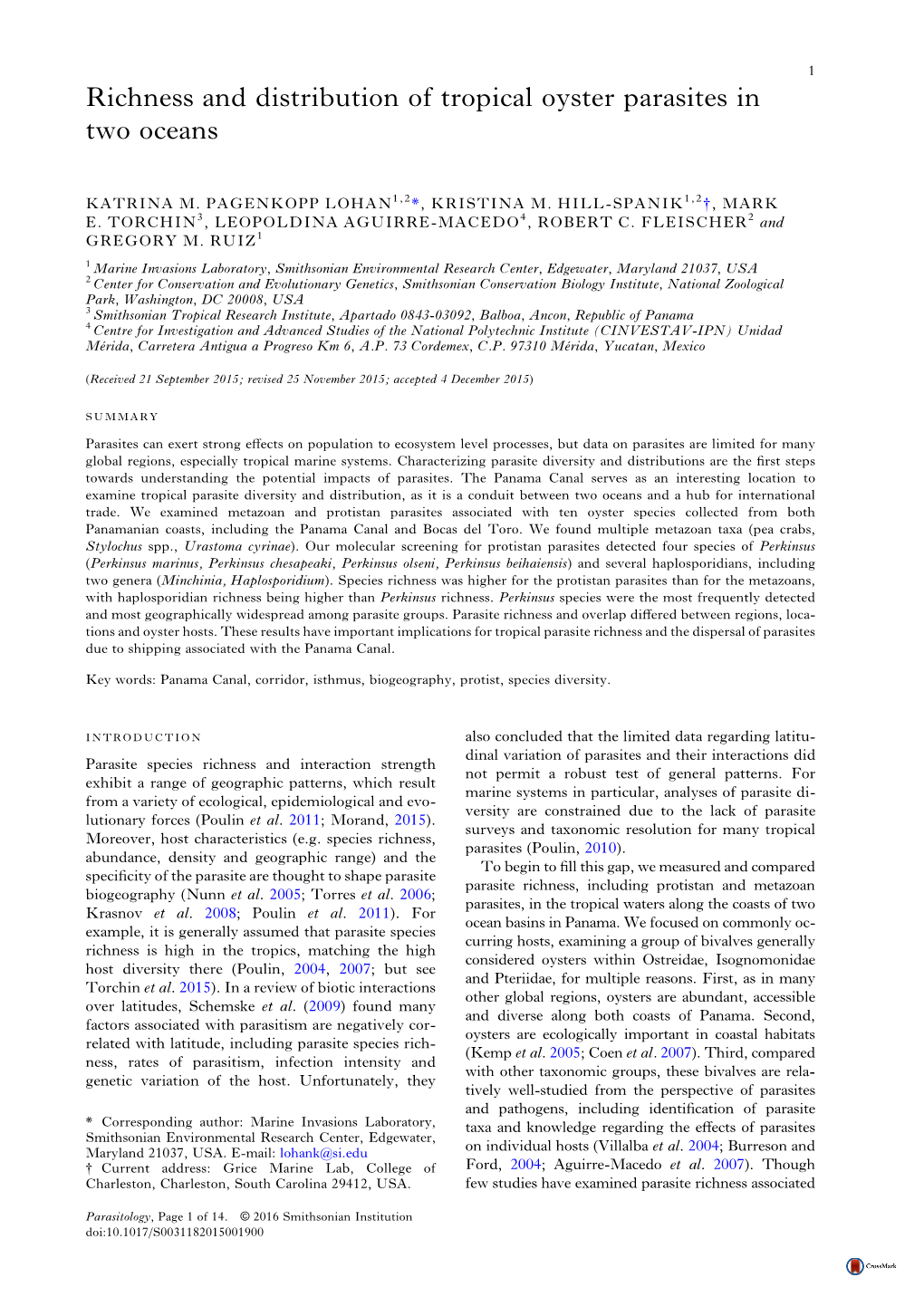 Richness and Distribution of Tropical Oyster Parasites in Two Oceans