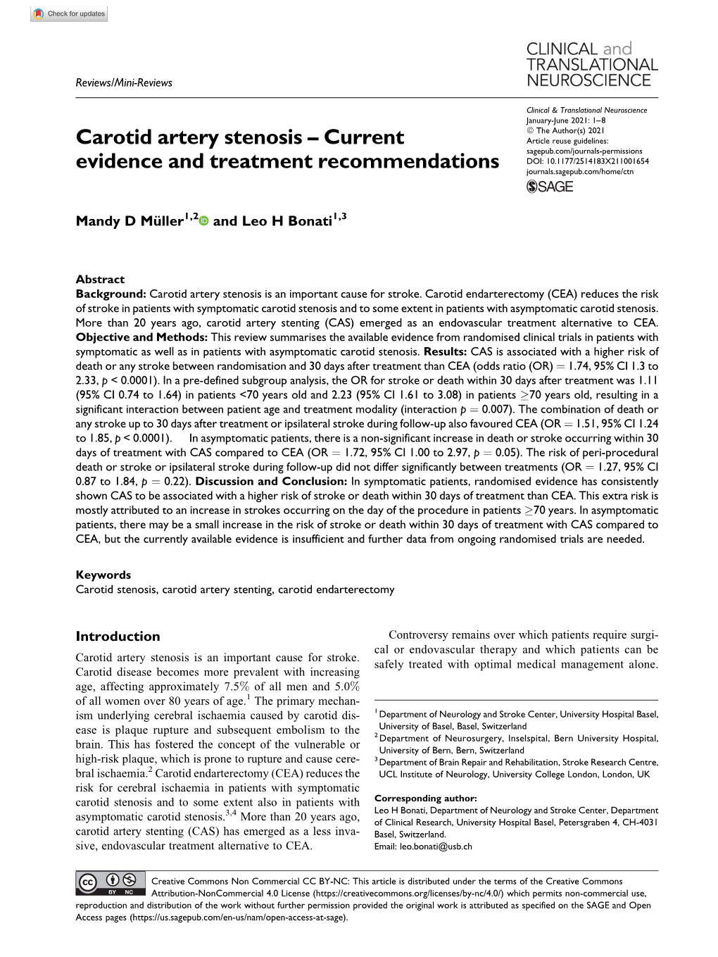 Carotid Artery Stenosis – Current Evidence and Treatment Recommendations