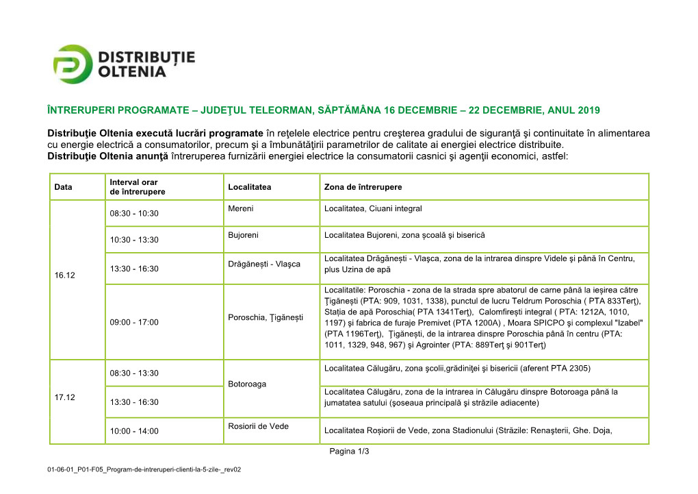 Întreruperi Programate – Judeţul Teleorman, Săptămâna 16 Decembrie – 22 Decembrie, Anul 2019