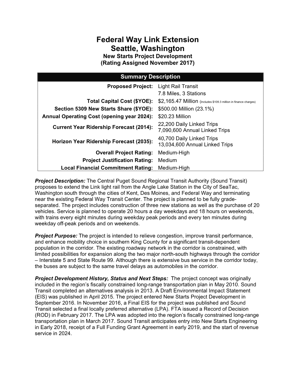 Federal Way Link Extension Seattle, Washington New Starts Project Development (Rating Assigned November 2017)