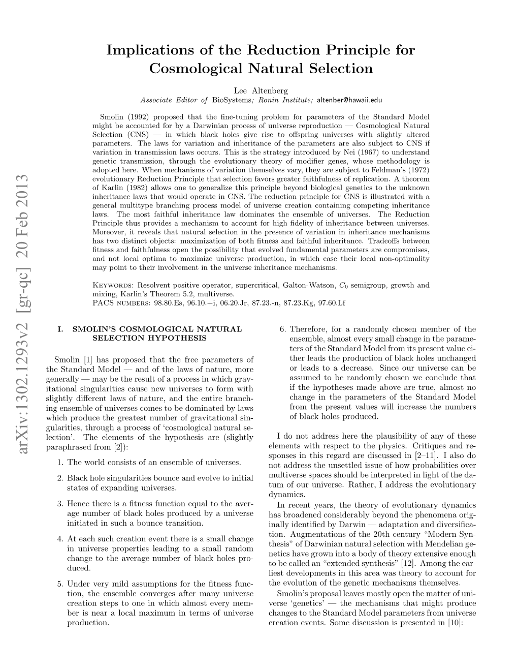 Implications of the Reduction Principle for Cosmological Natural Selection