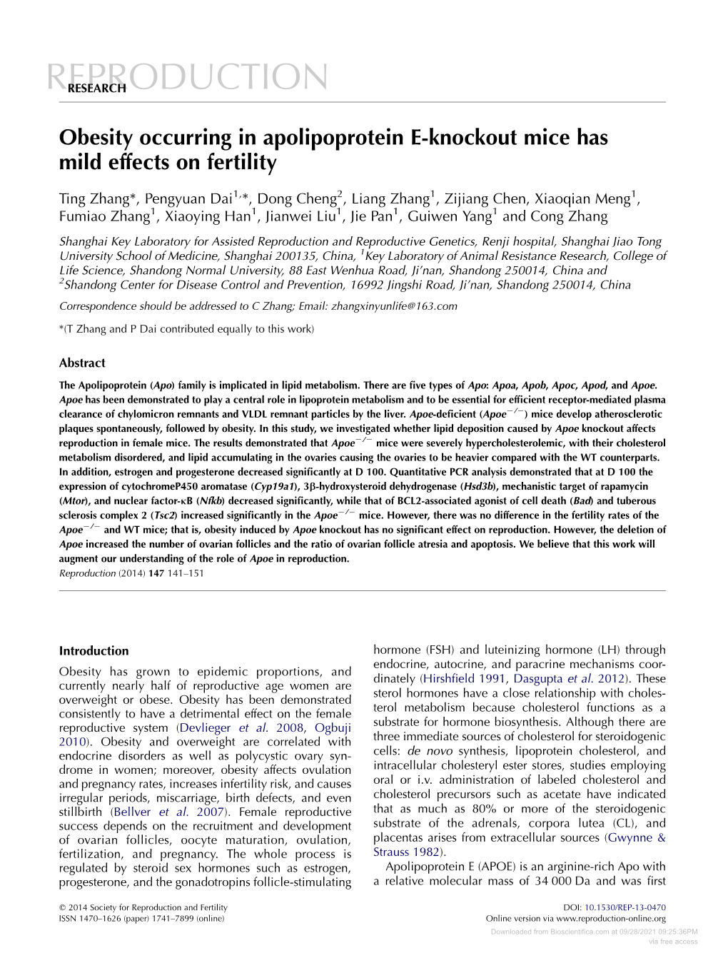 Obesity Occurring in Apolipoprotein E-Knockout Mice Has Mild Effects on Fertility