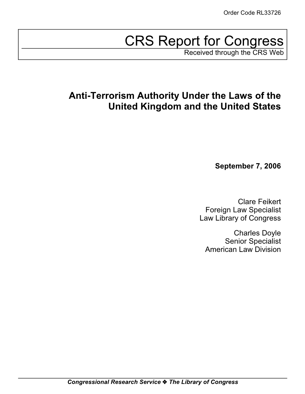 Anti-Terrorism Authority Under the Laws of the United Kingdom and the United States