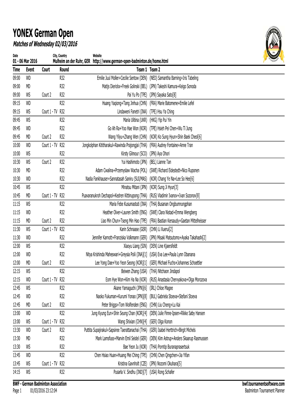 Badminton Tournament Planner YONEX German Open Matches of Wednesday 02/03/2016