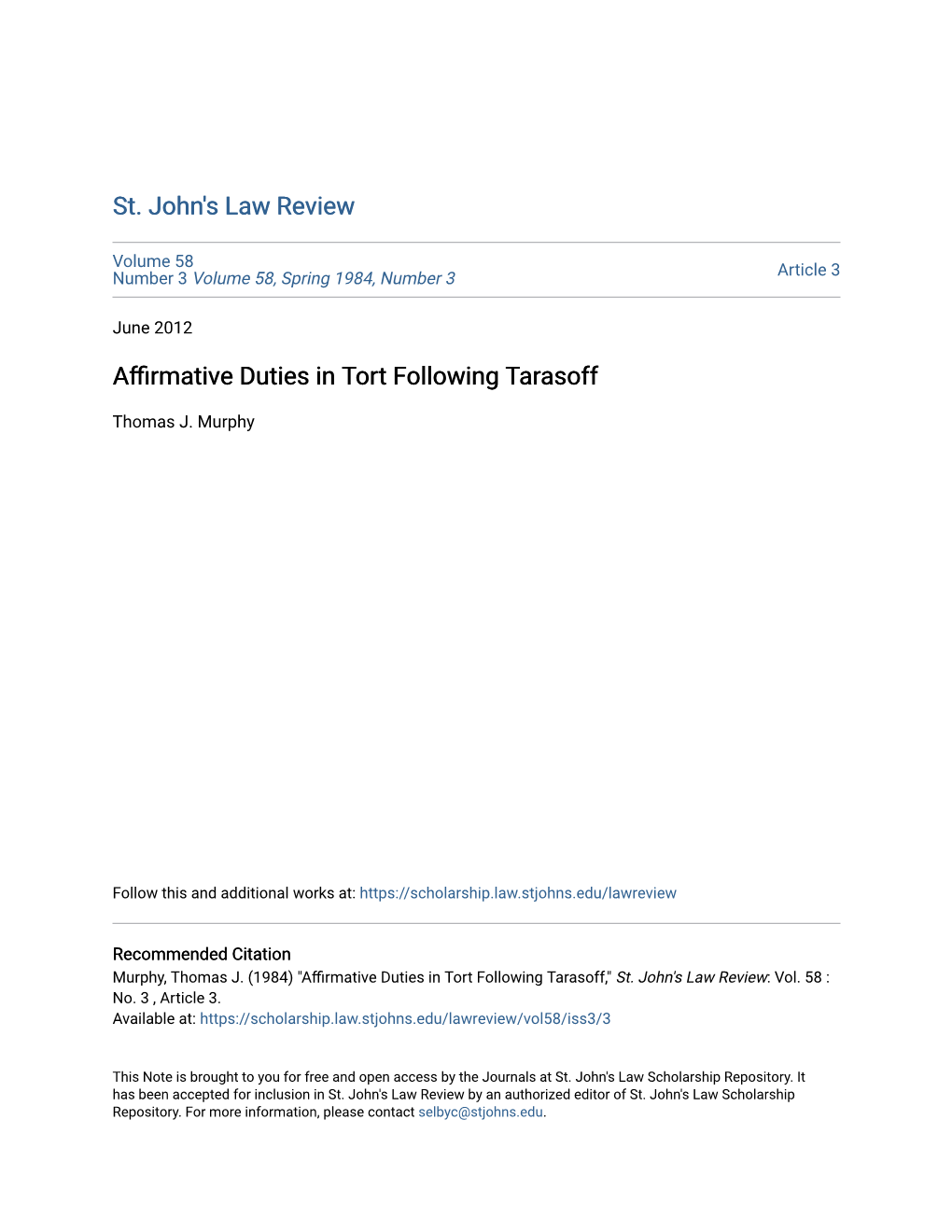 Affirmative Duties in Tort Following Tarasoff