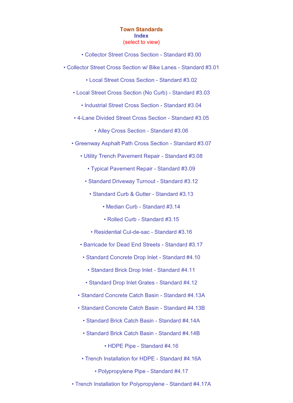 Town Standards Index (Select to View) • Collector Street Cross Section