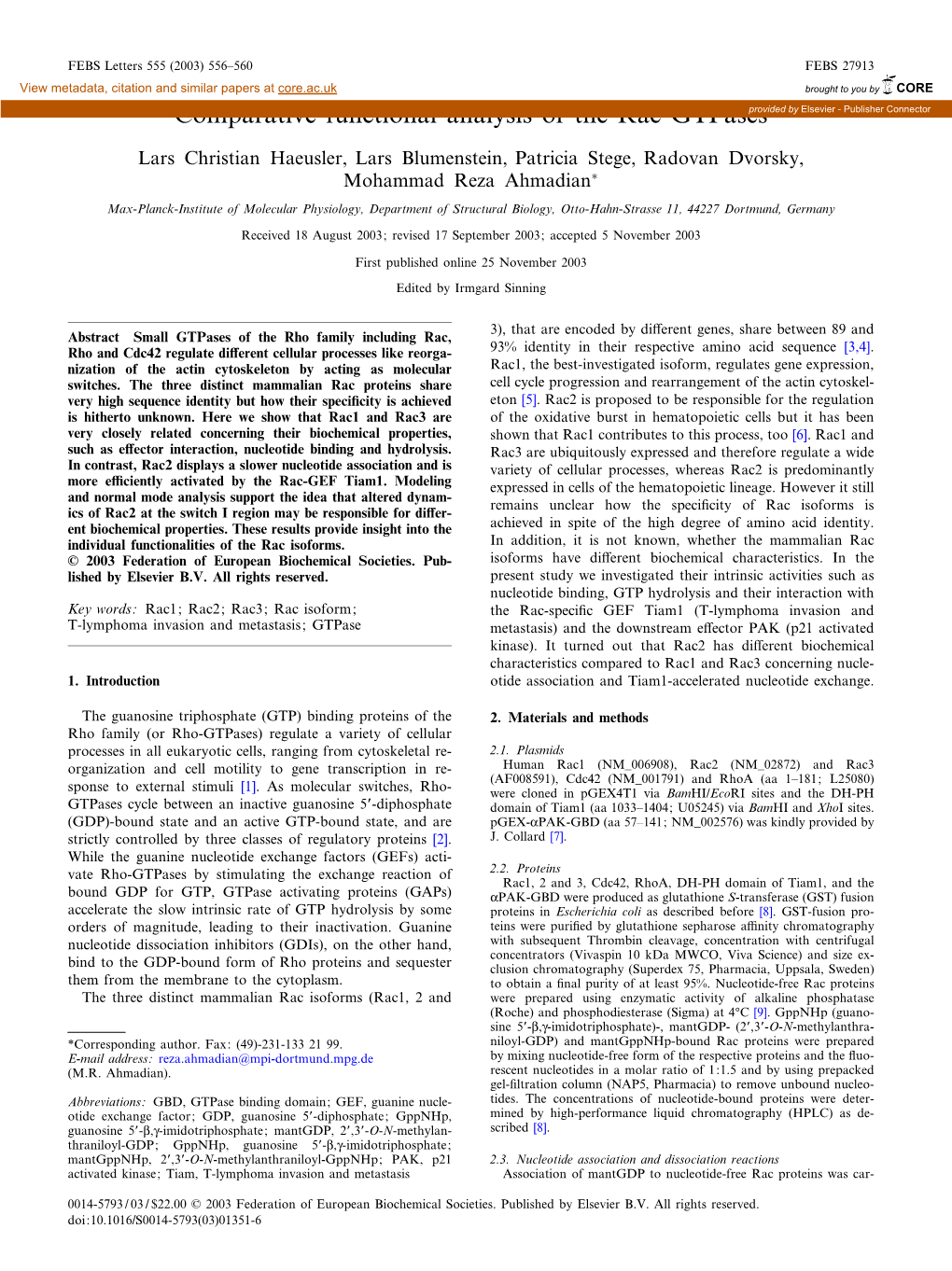 Comparative Functional Analysis of the Rac Gtpasesprovided by Elsevier - Publisher Connector