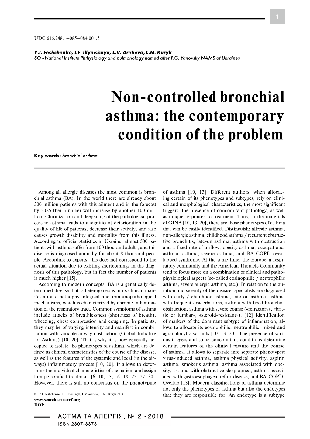Non-Controlled Bronchial Asthma: the Contemporary Condition of the Problem