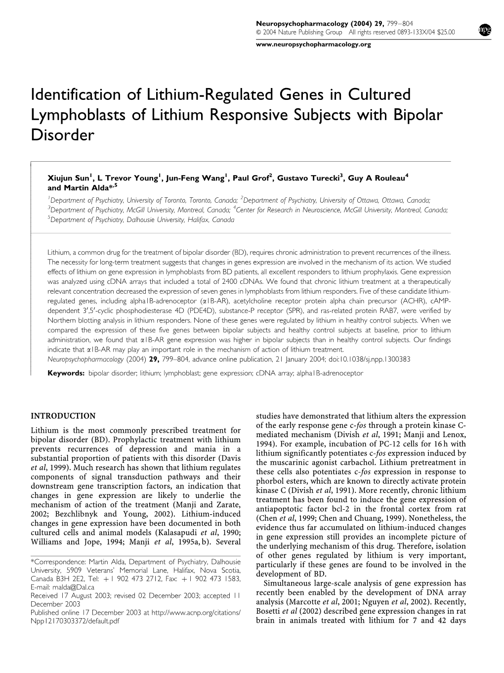 Identification of Lithium-Regulated Genes in Cultured Lymphoblasts of Lithium Responsive Subjects with Bipolar Disorder