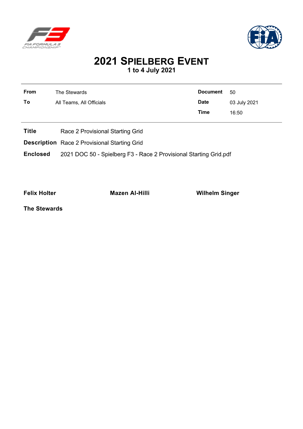 Provisional Starting Grid Description Race 2 Provisional Starting Grid Enclosed 2021 DOC 50 - Spielberg F3 - Race 2 Provisional Starting Grid.Pdf