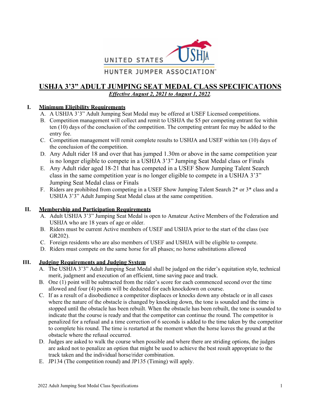 Ushja 3'3” Jumping Seat Medal Class Specifications