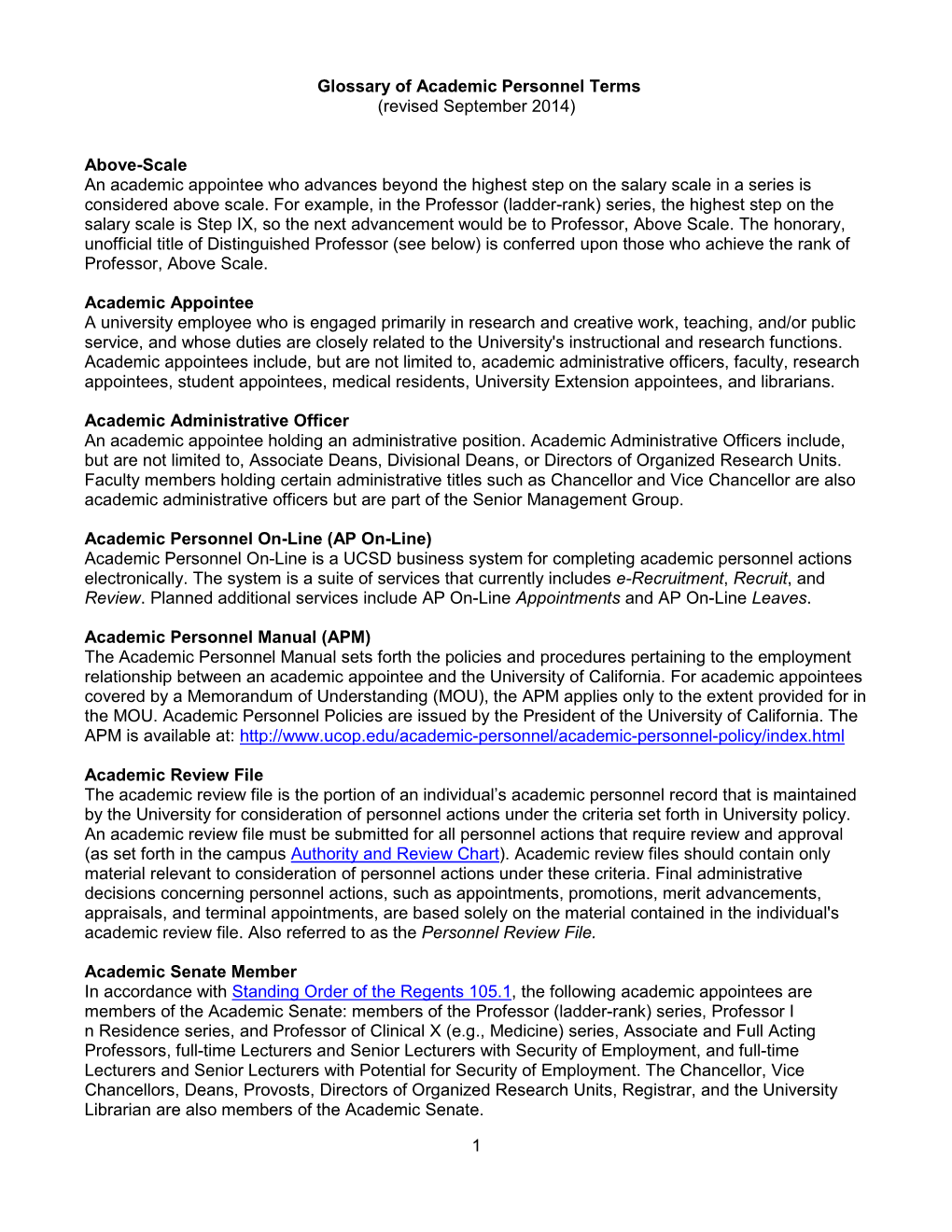 Glossary of Academic Personnel Terms (Revised September 2014)