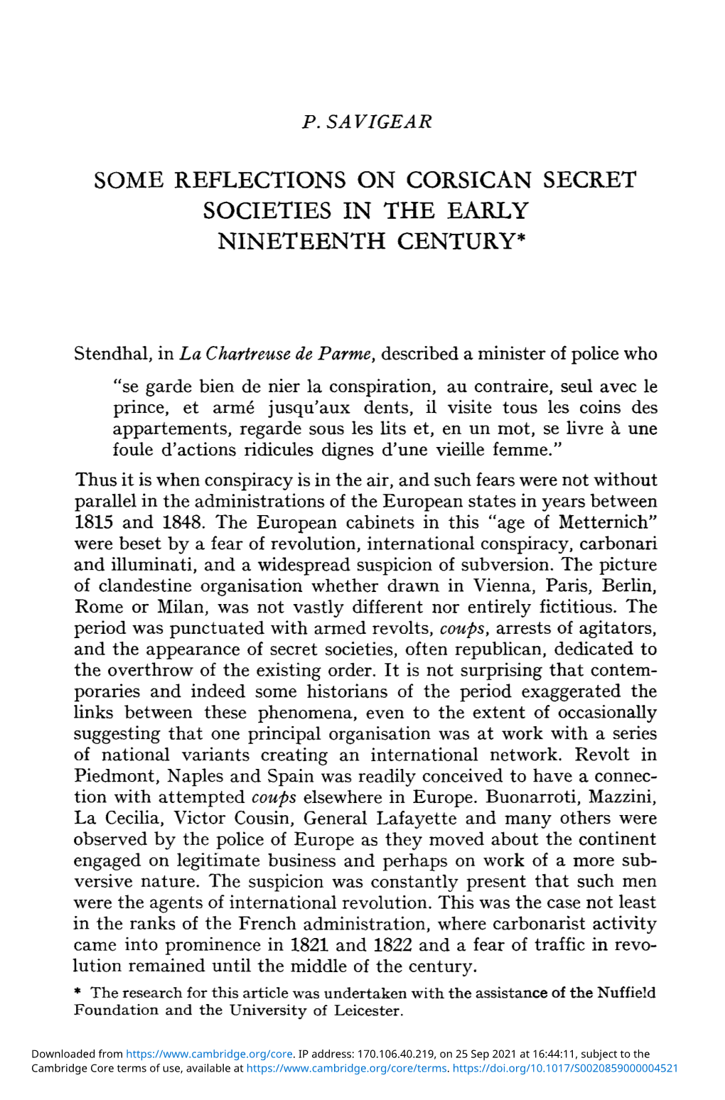 Some Reflections on Corsican Secret Societies in the Early Nineteenth Century*