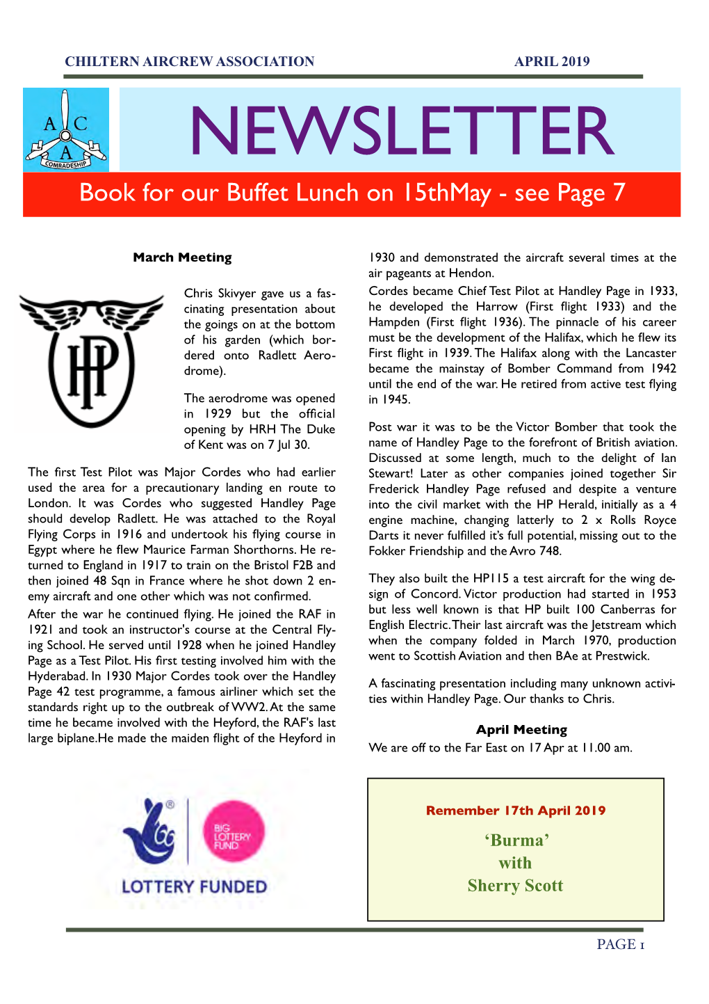 NEWSLETTER Book for Our Buffet Lunch on 15Thmay - See Page 7