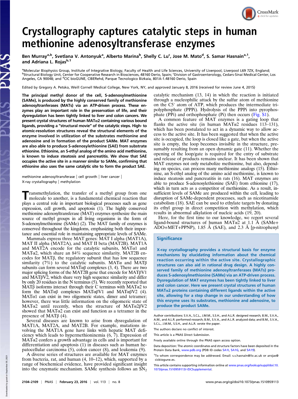 Crystallography Captures Catalytic Steps in Human Methionine Adenosyltransferase Enzymes