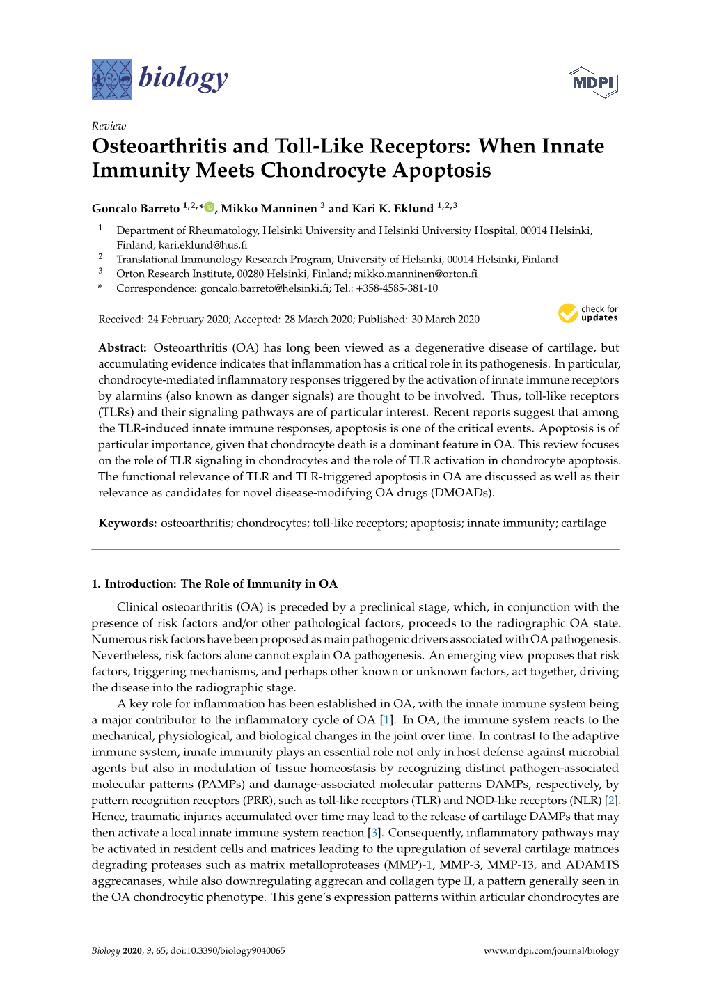 Osteoarthritis and Toll-Like Receptors: When Innate Immunity Meets Chondrocyte Apoptosis