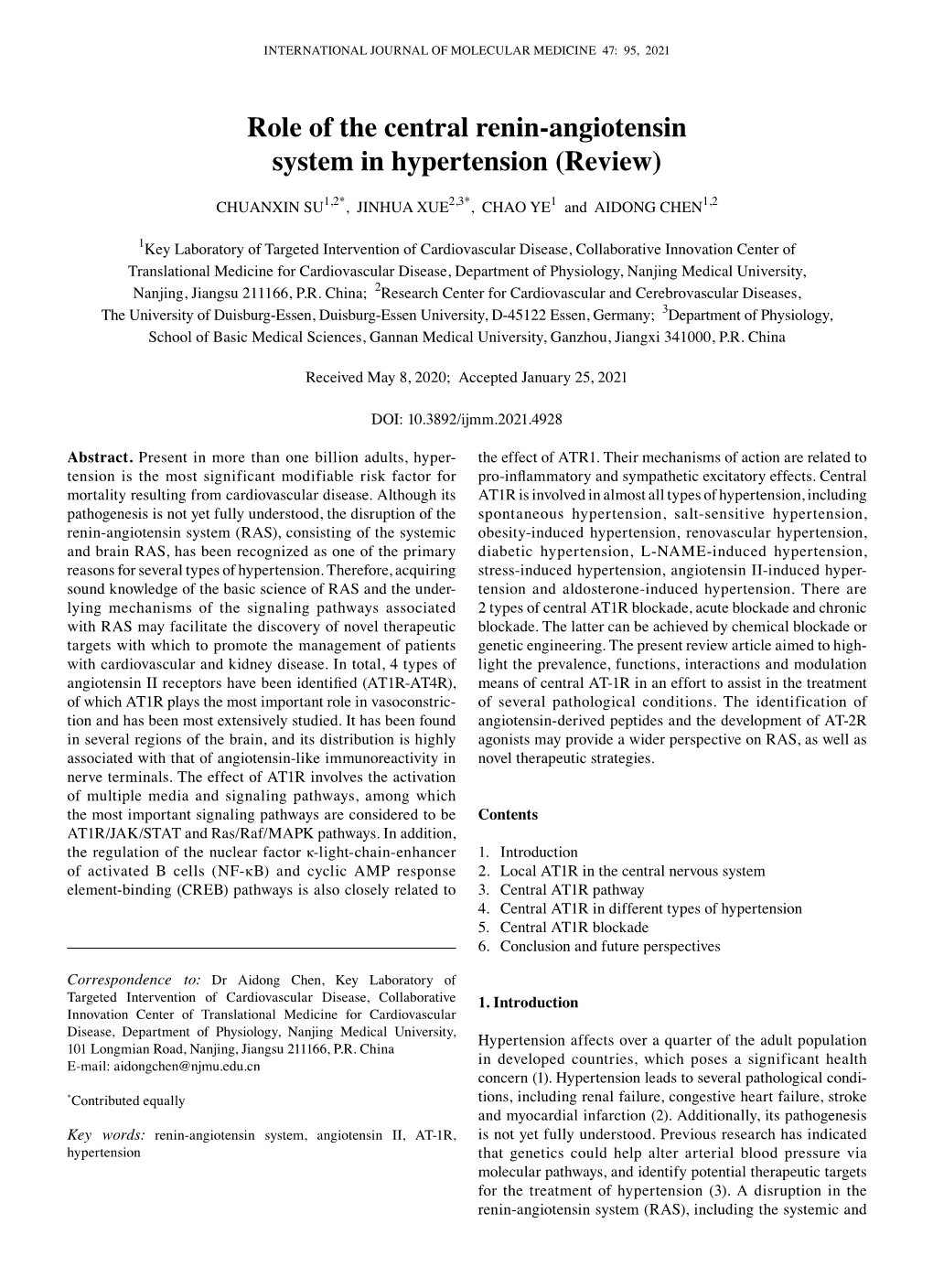 Role of the Central Renin‑Angiotensin System in Hypertension (Review)