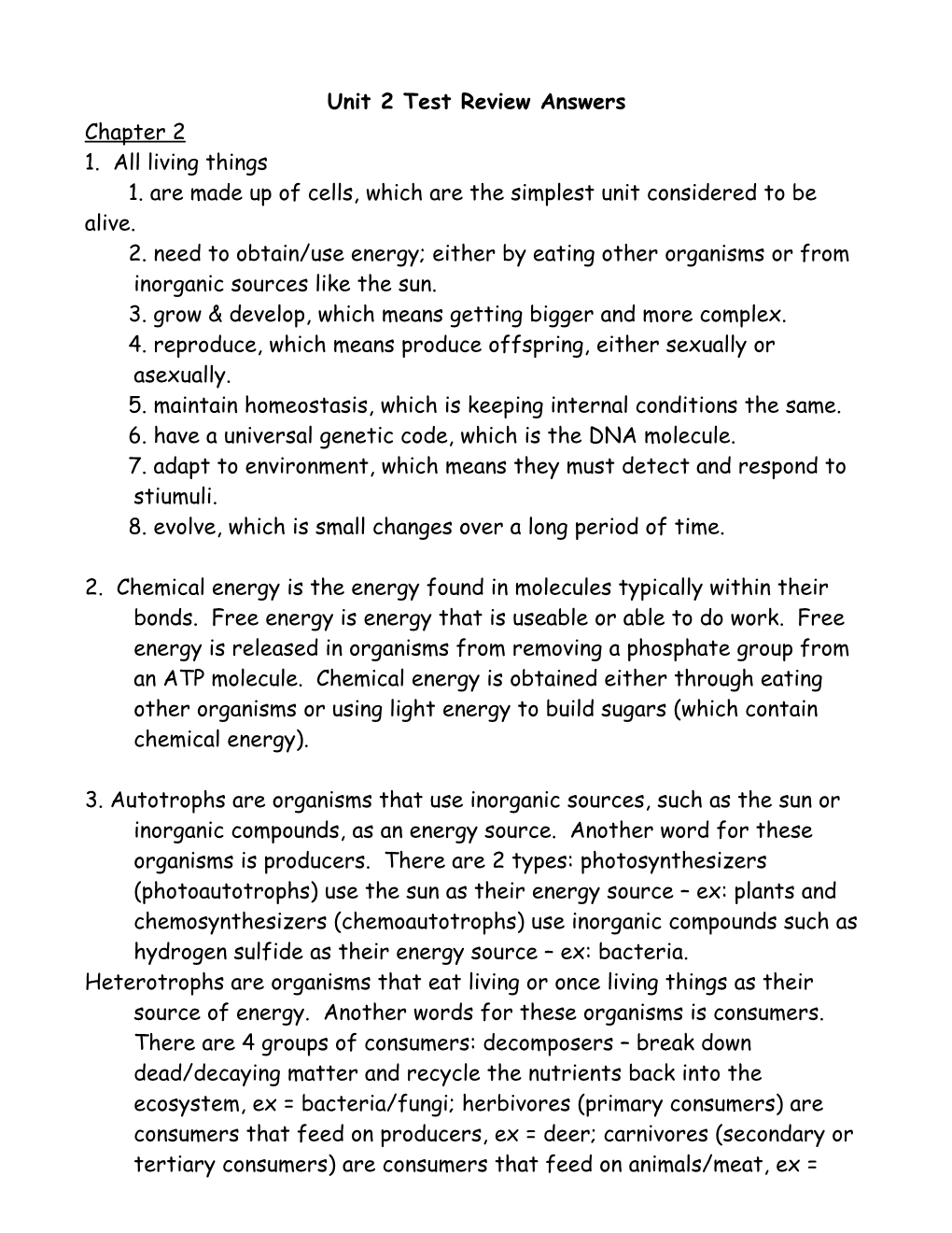 Unit 2 Test Review Answers