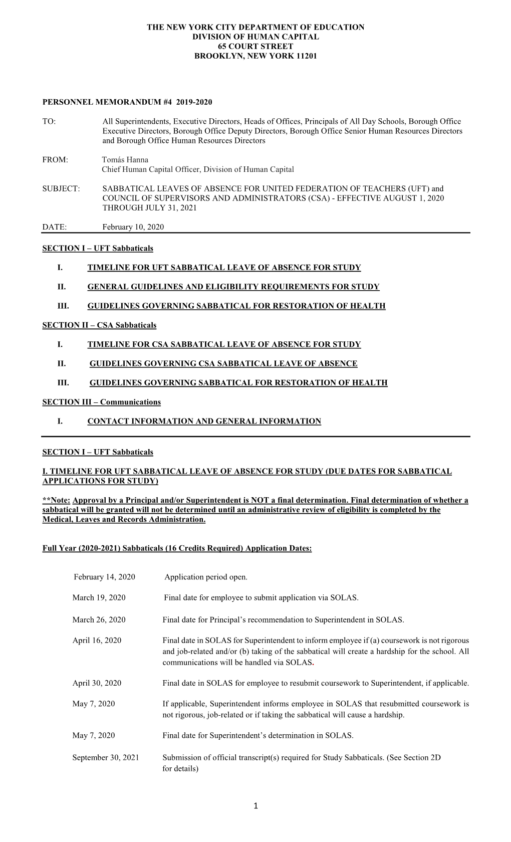 The New York City Department of Education Division of Human Capital 65 Court Street Brooklyn, New York 11201