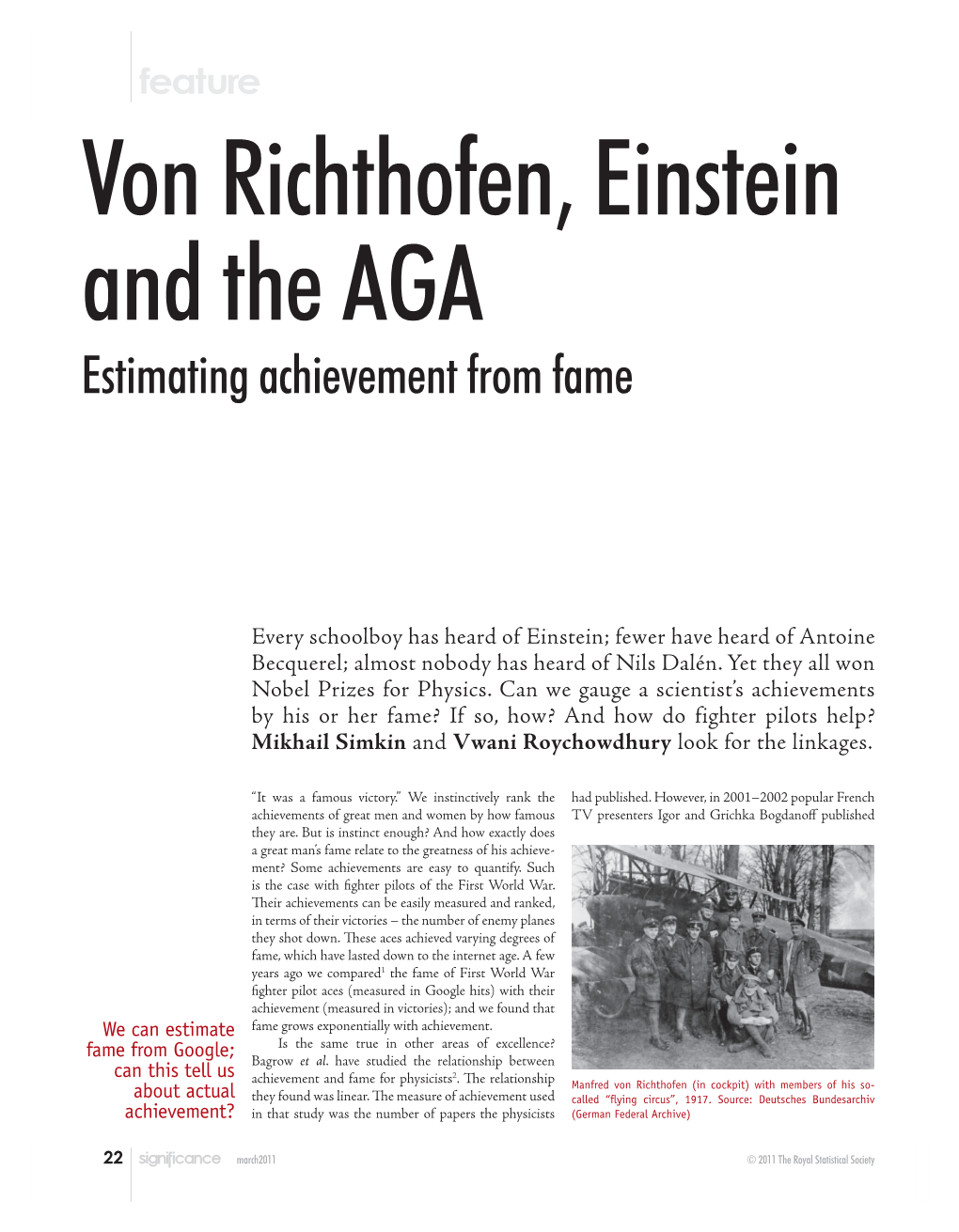 Von Richthofen, Einstein and the AGA Estimating Achievement from Fame