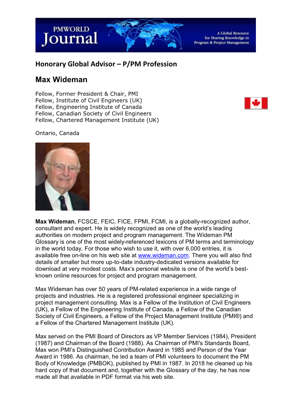 Max Wideman, FCSCE, FEIC, FICE, FPMI, FCMI, Is a Globally-Recognized Author, Consultant and Expert