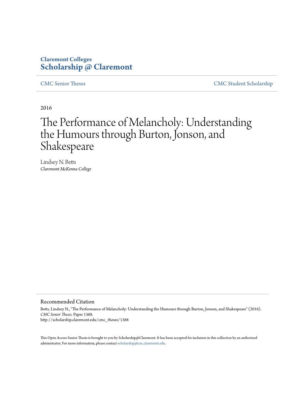 Understanding the Humours Through Burton, Jonson, and Shakespeare Lindsey N