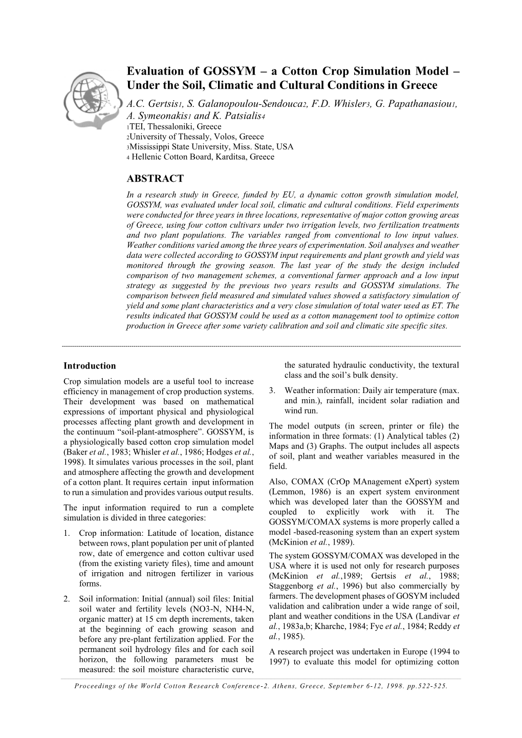 Evaluation of GOSSYM – a Cotton Crop Simulation Model – Under the Soil, Climatic and Cultural Conditions in Greece