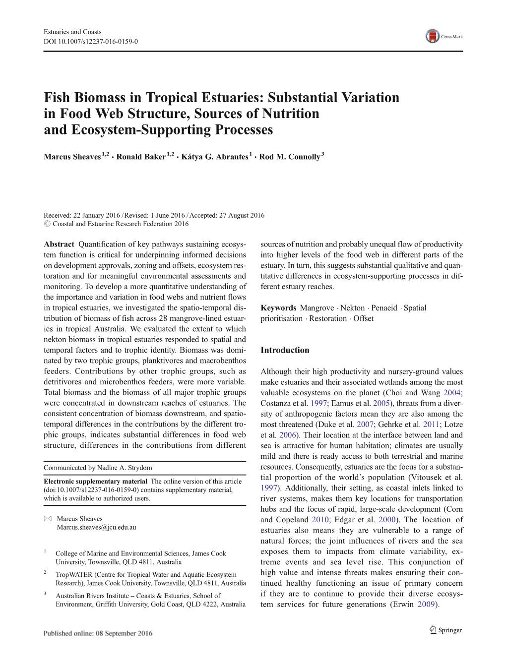 Fish Biomass in Tropical Estuaries: Substantial Variation in Food Web Structure, Sources of Nutrition and Ecosystem-Supporting Processes