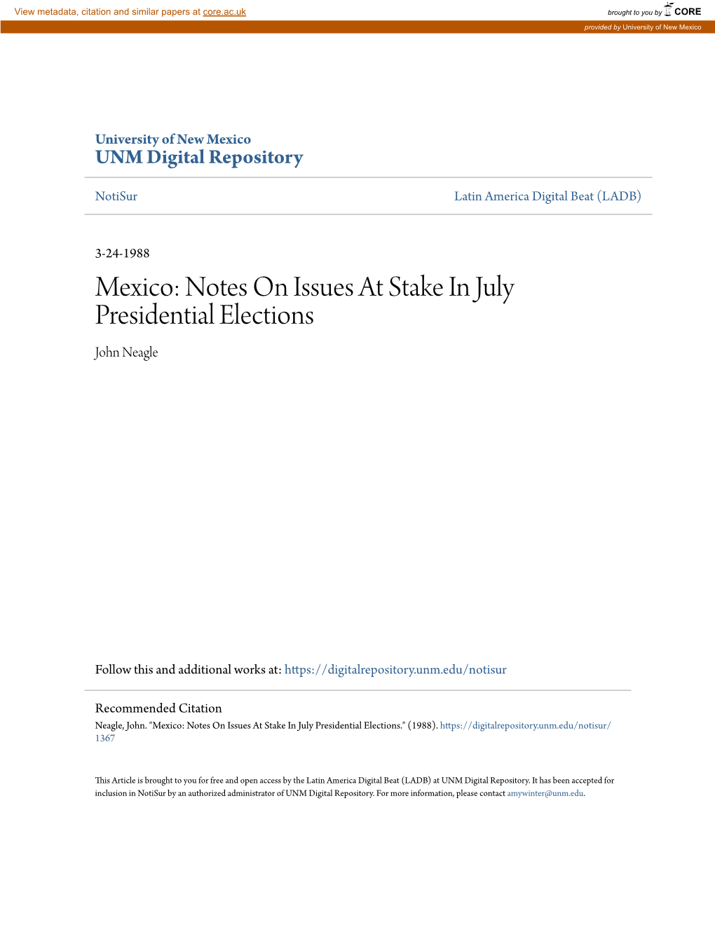 Mexico: Notes on Issues at Stake in July Presidential Elections John Neagle