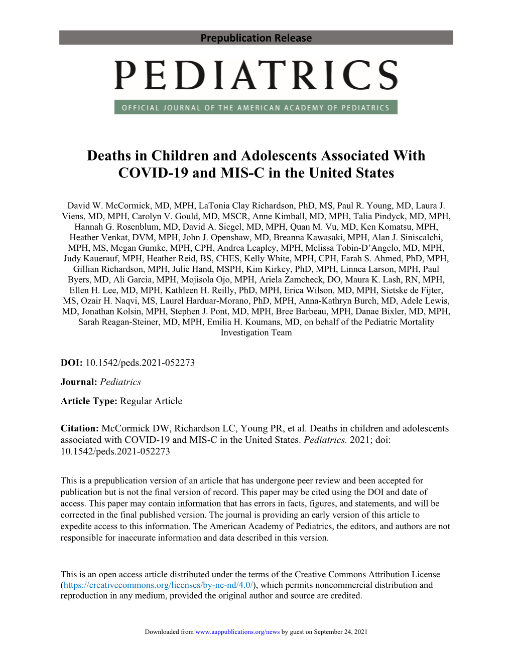 Deaths in Children and Adolescents Associated with COVID-19 and MIS-C in the United States