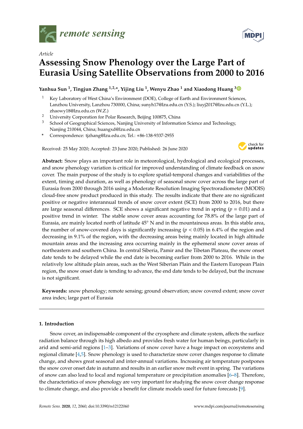 Assessing Snow Phenology Over the Large Part of Eurasia Using Satellite Observations from 2000 to 2016