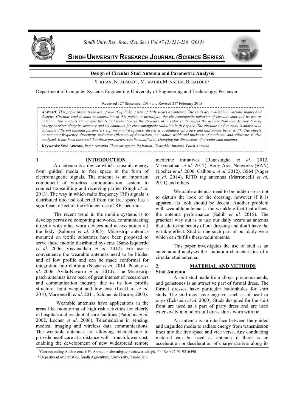 Design of Circular Stud Antenna and Parametric Analysis