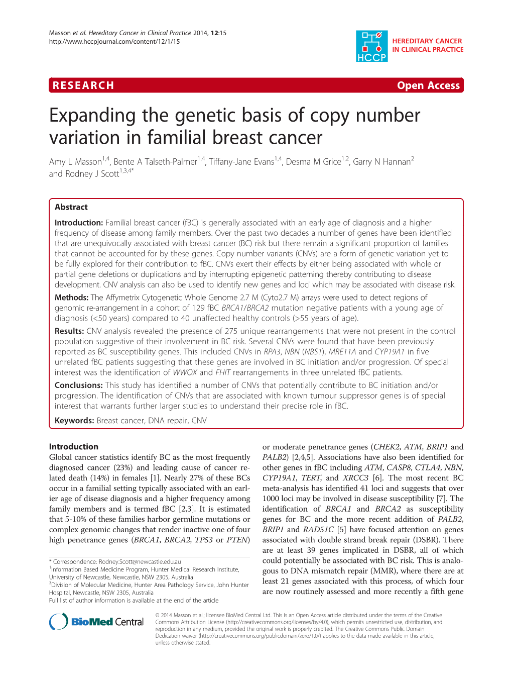 Expanding the Genetic Basis of Copy Number Variation in Familial Breast